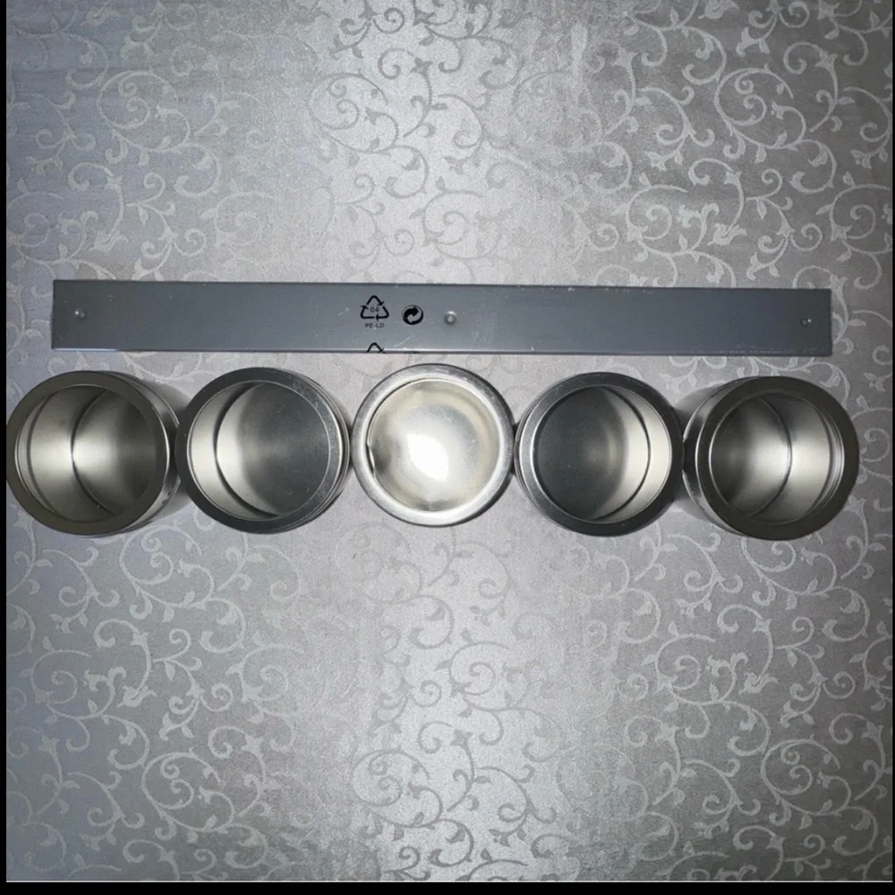 IKEA Metal Bar With Five Stainless Steel Magnetic Storage Containers Clear Lids